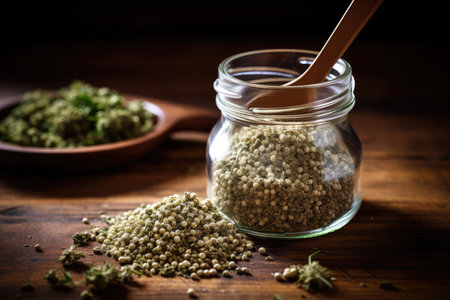 Organic hemp seeds overflow from glass jar on wooden table with spoonの素材