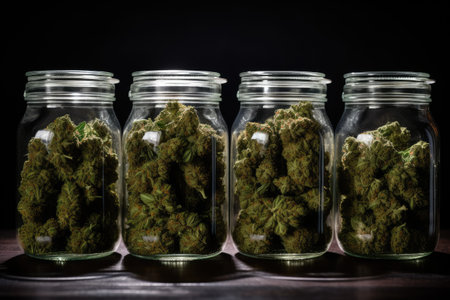 Storing cannabis buds in a glass jar to enhance their freshness after trimmingの素材