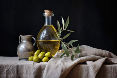 Olive branch and oil on gray tableの素材
