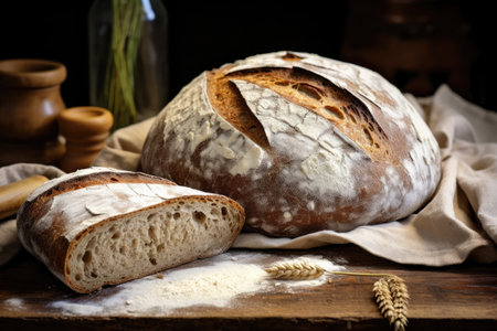 Sourdough bread made at home with a rustic backgroundの素材