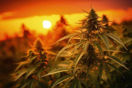 Sunset backdrop with cannabis blurred on Bushの素材