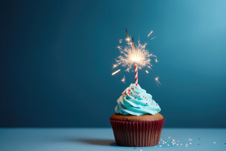 Sparkler topped cupcake on blue backdropの素材