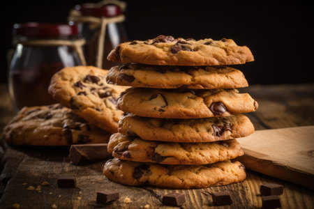 Stack of American chocolate chip cookies on wooden plankの素材