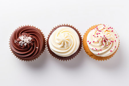 Three cupcakes with various fillings seen from above on a white backdropの素材