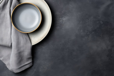 Top down view of cutlery napkin and plate on stone backgroundの素材