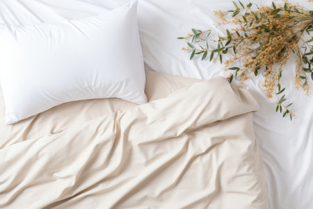 Top view flat lay of bedding sheets with blank space for copyの素材