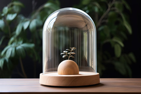 Transparent glass cover protecting a glass dome with a wooden baseの素材
