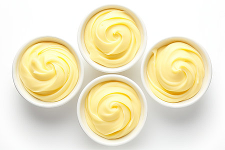 Top view of isolated butter curls in a bowl on a white backgroundの素材