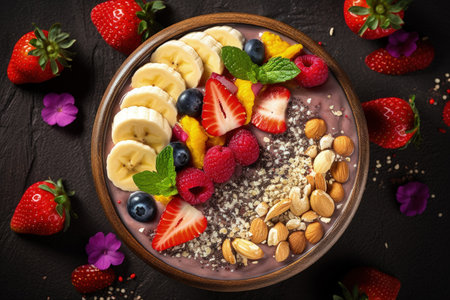 Top view of a superfood smoothie bowl with acai chia seeds bee pollen goji berries and fruitの素材