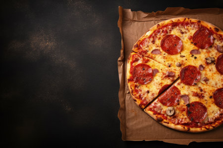 Top view of pizza box with salami and cheese on dark backgroundの素材
