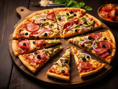 Various pizza slices on a wooden surfaceの素材