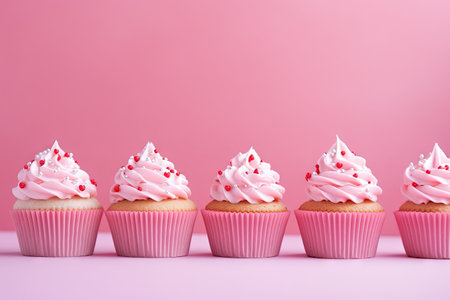Valentine s Day cupcakes on pink background with room for textの素材