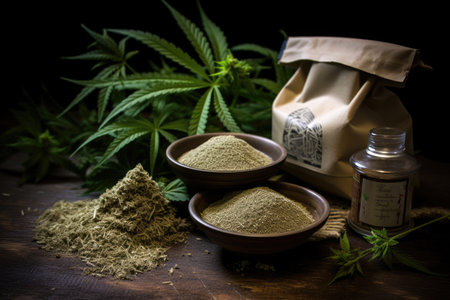 100 hemp fabric with industrial hemp plant products like tea oil rope and protein powderの素材