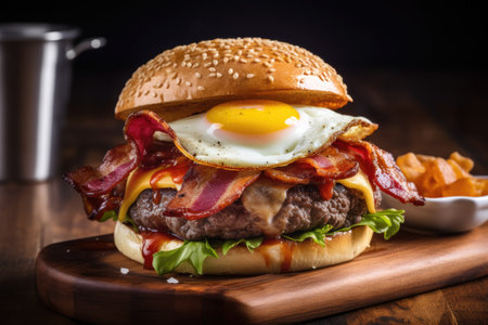 American restaurant serving tasty gourmet beef egg and bacon burger on a wooden tableの素材