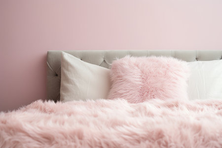 A photo of a furry pillow on a king size bed with white bedding a pink blanket and empty wall spaceの素材