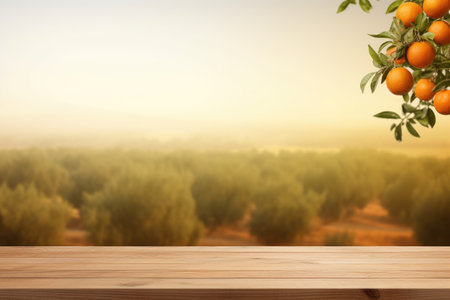 A wood table in front of orange trees and field ready for product displayの素材