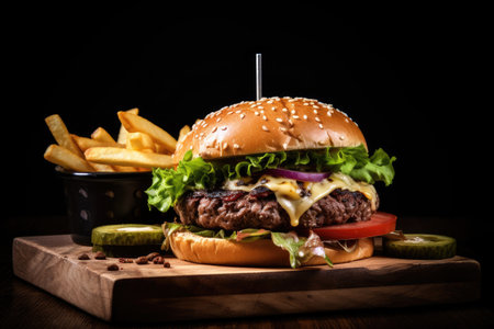 Beef burger and fries on wooden table isolated on blackの素材