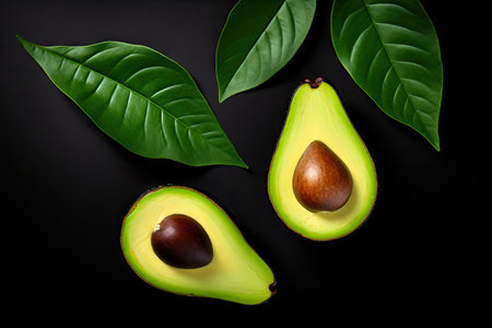 Avocado with cut in half and green leaves on white backgroundの素材