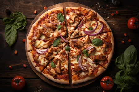 BBQ Pizza with chicken and veggies viewed from the top on a wooden surface blank spaceの素材
