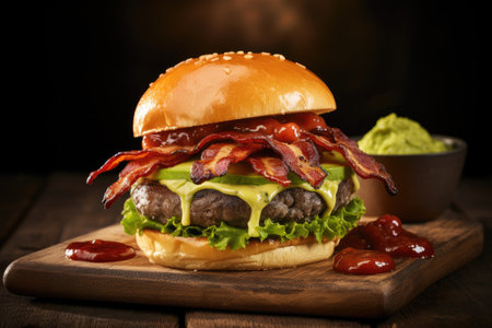 Bacon cheeseburger with guacamole on woodの素材