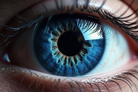 Blue eye with visible capillaries and fearful expression Pertaining to ophthalmology and medicineの素材