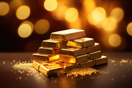 Black bokeh background with a pure gold bar symbolizes the concept of business and financeの素材