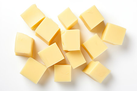 Butter cubes seen from above separated on a white backgroundの素材