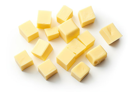 Butter cubes seen from above separated on a white backgroundの素材