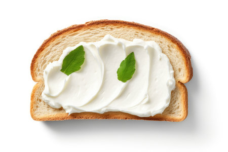 Bread with cream cheese on white background melted cheese toast from aboveの素材