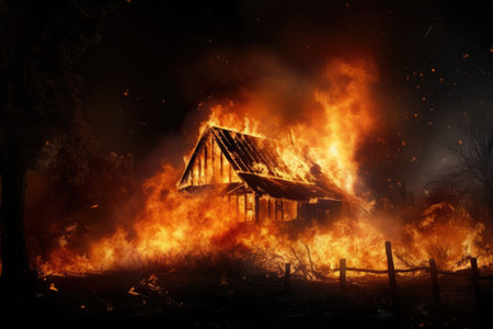 Burning wooden house or barn at nightの素材