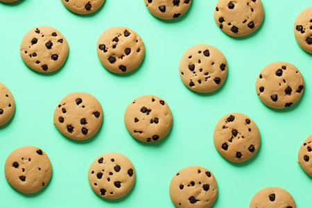 Chic chocolate chip cookie design on mint backdrop with minimal elements and angled blank areaの素材