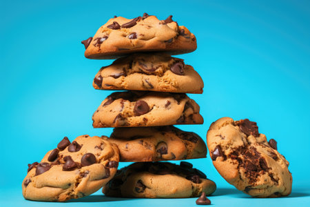 Bright blue backdrop with chocolate chunk cookiesの素材