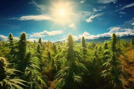 Cannabis plants basking under the sun in a field with a blue skyの素材