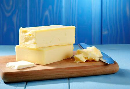 Butter block sliced on blue wooden boardの素材