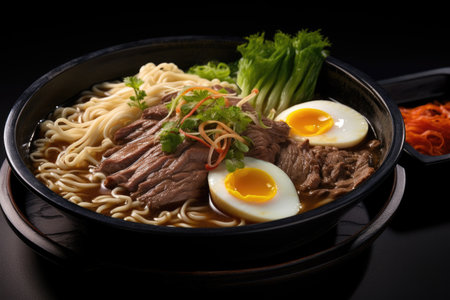 Close up of Beef and Egg with Asian noodles in broth on dark backgroundの素材