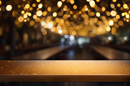 Blurred cafe golden bokeh backdrop for product display on an empty tableの素材
