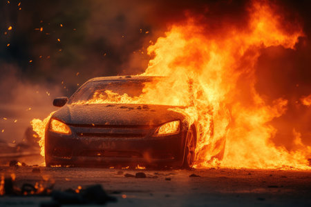 Car burst into flames blurry fire accidentの素材