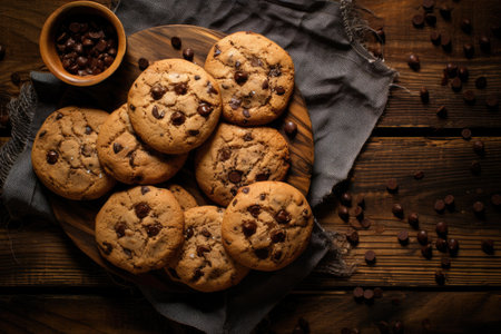 Chocolate chip cookies seen from above on a wooden surfaceの素材