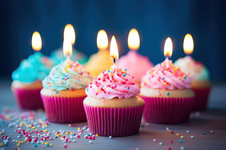 Candles forming Happy Birthday on colorful cupcakesの素材