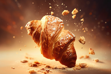 Close up of an airborne freshly baked croissant crumbled and Frenchの素材