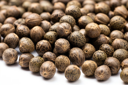 Close up macro shot of isolated cannabis hemp seeds on white backgroundの素材
