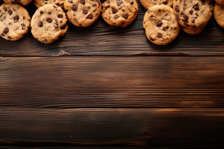 Chocolate chip cookies on wooden table top view with space for textの素材
