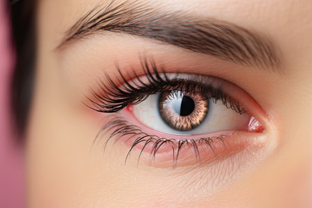 Close up macro shot of a woman s eyes with long false eyelashes showcasing the beauty and fashion coの素材