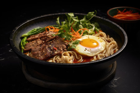 Close up of Beef and Egg with Asian noodles in broth on dark backgroundの素材