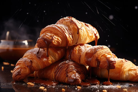 Close up of homemade croissants on a dark background with falling sugar glass Vertical shotの素材