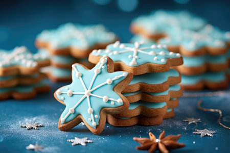 Closeup view of delicious homemade Christmas cookies on a blue plateの素材