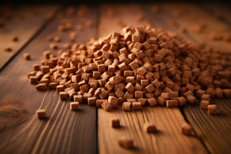 Close up of dry dog food bulk on wooden backgroundの素材