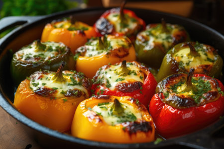 Close up of homemade stuffed bell peppers or Dolma with melted cheeseの素材