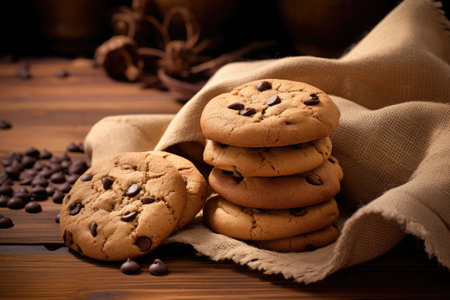 Closeup shot of chocolate chip cookies on coffee colored clothの素材