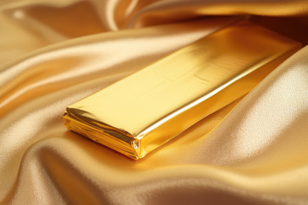 Close up of gold bar on shimmering silkの素材